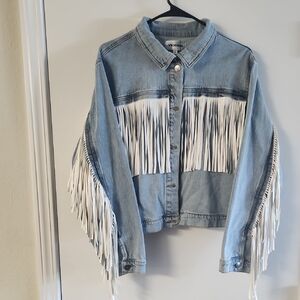 Vibe Blue and White Jean Jacket with Fringe